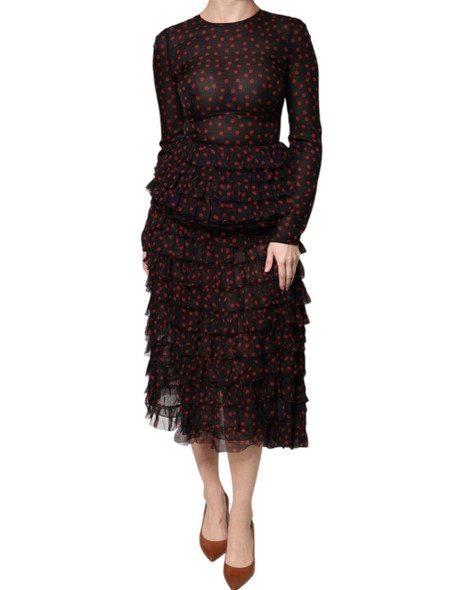Dolce & Gabbana Black Red Polka Dot Silk Layered Midi Dress Dolce & Gabbana Black Red Polka Dot Silk Layered Midi Dress