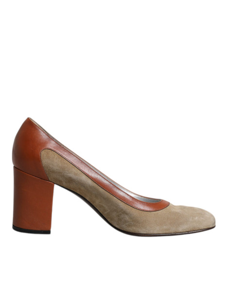 Dolce & Gabbana Beige Brown Leather Block Heels Pumps Shoes Dolce & Gabbana Beige Brown Leather Block Heels Pumps Shoes