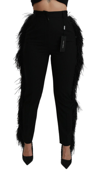 Dolce & Gabbana Black Feather Straight High Waist Wool Pants Dolce & Gabbana Black Feather Straight High Waist Wool Pants