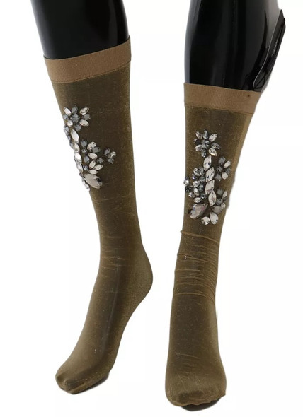 Dolce & Gabbana Gold Stretch Floral Clear Crystal Stocking Socks Dolce & Gabbana Gold Stretch Floral Clear Crystal Stocking Socks