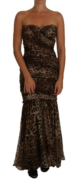 Dolce & Gabbana Brown Leopard Silk Chiffon Ruched Mermaid Maxi Dress Dolce & Gabbana Brown Leopard Silk Chiffon Ruched Mermaid Maxi Dress