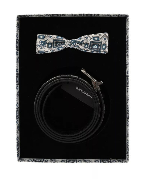 White Blue Silk Bowtie Leather Belt Gift Box Set White Blue Silk Bowtie Leather Belt Gift Box Set