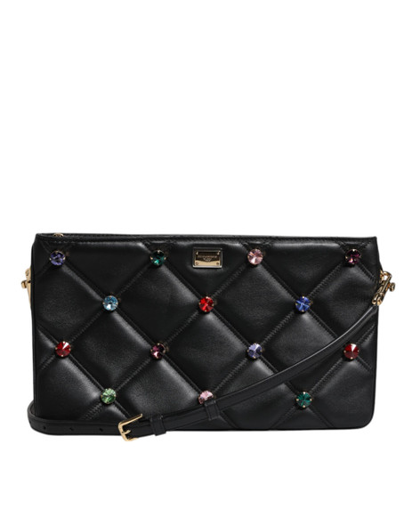 Black Leather Crystal Embellished Logo Shoulder Bag Black Leather Crystal Embellished Logo Shoulder Bag