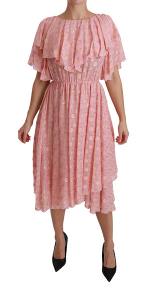 Silk Pink Polka Dots Pleated A-line Midi Dress Silk Pink Polka Dots Pleated A-line Midi Dress