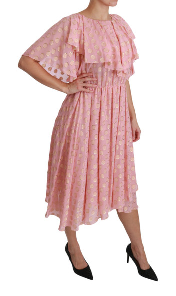 Silk Pink Polka Dots Pleated A-line Midi Dress Silk Pink Polka Dots Pleated A-line Midi Dress