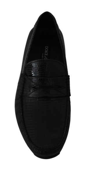 Dolce & Gabbana Black Lizard Leather Flat Loafers Shoes Dolce & Gabbana Black Lizard Leather Flat Loafers Shoes