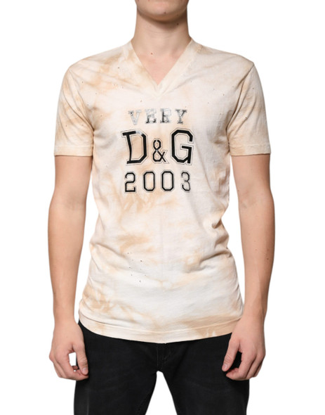 Beige Graphic Print Cotton V-neck T-shirt Beige Graphic Print Cotton V-neck T-shirt