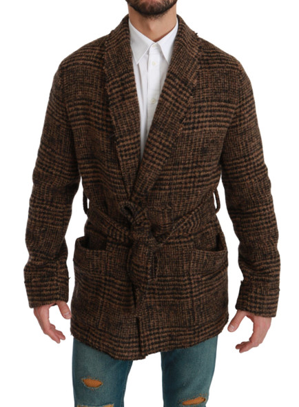 Brown Checkered Wool Robe Coat Wrap Jacket Brown Checkered Wool Robe Coat Wrap Jacket