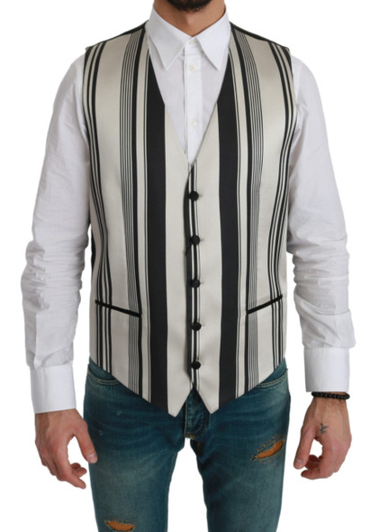 Dolce & Gabbana White Black Stripes Waistcoat Formal Vest Dolce & Gabbana White Black Stripes Waistcoat Formal Vest