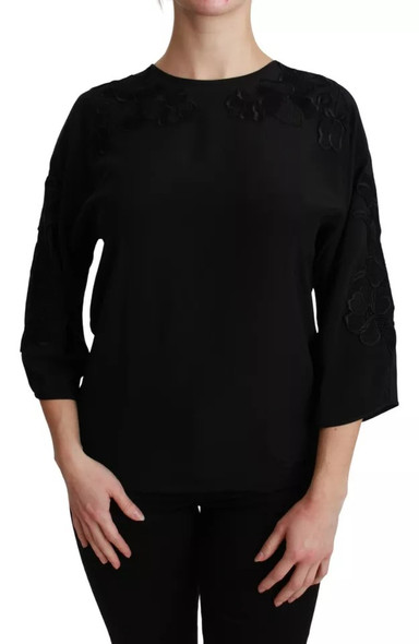 Black Floral Embroidered Blouse Silk Top Black Floral Embroidered Blouse Silk Top