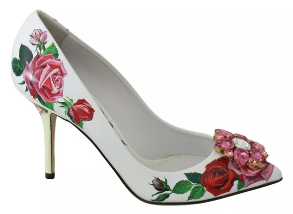Dolce & Gabbana White Leather Roses Crystal Pumps Shoes LA7526 Dolce & Gabbana White Leather Roses Crystal Pumps Shoes LA7526