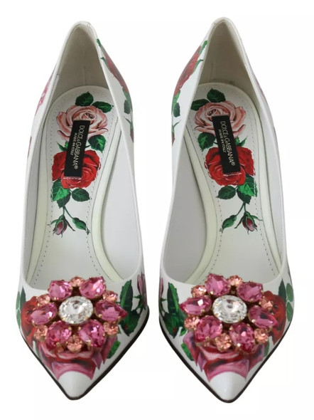 Dolce & Gabbana White Leather Roses Crystal Pumps Shoes LA7526 Dolce & Gabbana White Leather Roses Crystal Pumps Shoes LA7526