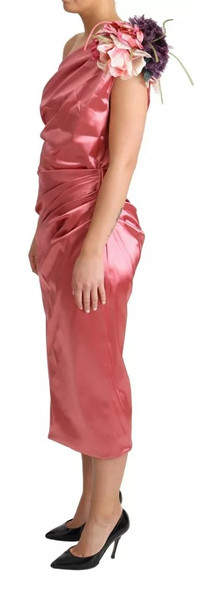 Dolce & Gabbana Pink Draped Midi Flower Applique Dress Dolce & Gabbana Pink Draped Midi Flower Applique Dress