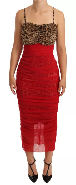 Dolce & Gabbana Brown Leopard Red Tulle Sheath Midi Dress Dolce & Gabbana Brown Leopard Red Tulle Sheath Midi Dress