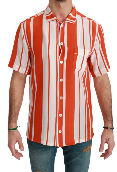 Dolce & Gabbana Orange Silk Striped Short Sleeve White Shirt Dolce & Gabbana Orange Silk Striped Short Sleeve White Shirt