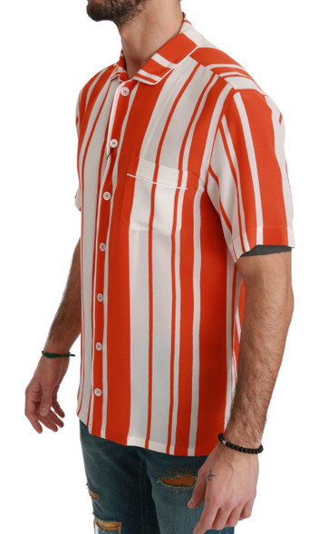 Dolce & Gabbana Orange Silk Striped Short Sleeve White Shirt Dolce & Gabbana Orange Silk Striped Short Sleeve White Shirt