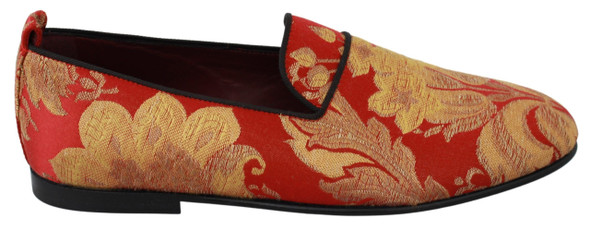 Dolce & Gabbana Red Gold Brocade Slippers Loafers Shoes Dolce & Gabbana Red Gold Brocade Slippers Loafers Shoes