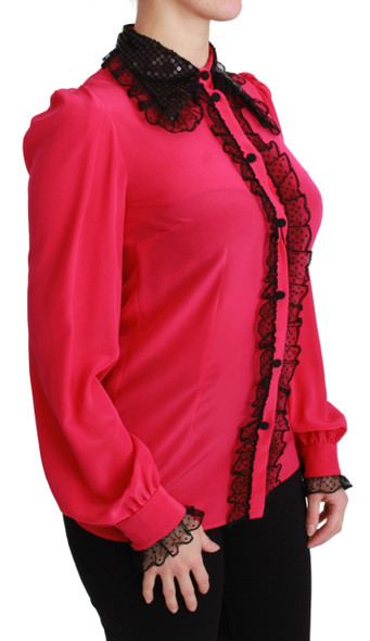 Pink Silk Black Sequin Lace Shirt Blouse Pink Silk Black Sequin Lace Shirt Blouse