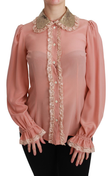 Dolce & Gabbana Pink Silk Gold Sequin Lace Blouse Shirt Dolce & Gabbana Pink Silk Gold Sequin Lace Blouse Shirt