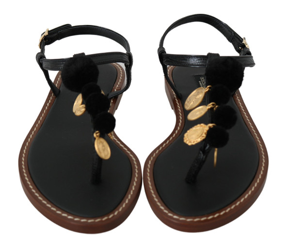 Black Leather Coins Flip Flops Sandals Shoes Black Leather Coins Flip Flops Sandals Shoes