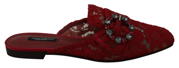 Red Lace Crystal Slide On Flats Shoes Red Lace Crystal Slide On Flats Shoes