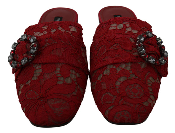 Dolce & Gabbana Red Lace Crystal Slide On Flats Shoes Dolce & Gabbana Red Lace Crystal Slide On Flats Shoes