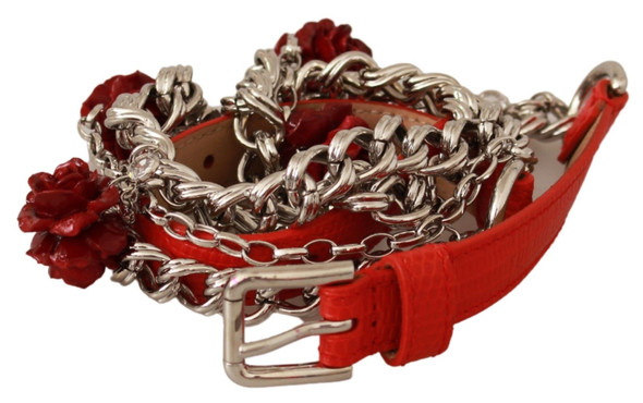 Red Leather Roses Floral Silver Waist Belt Red Leather Roses Floral Silver Waist Belt