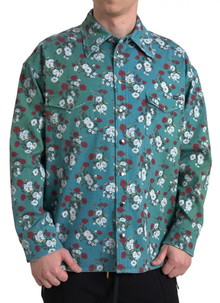 Blue Floral Cotton Button Down Denim Shirt Blue Floral Cotton Button Down Denim Shirt