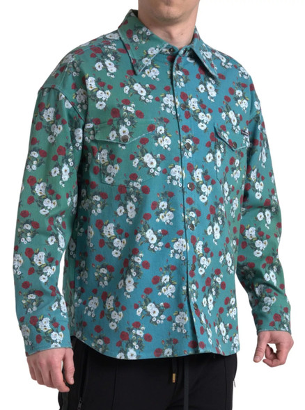 Blue Floral Cotton Button Down Denim Shirt Blue Floral Cotton Button Down Denim Shirt