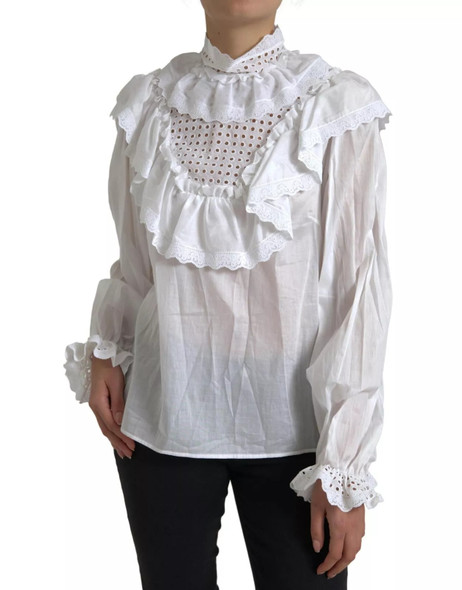 Dolce & Gabbana White Cotton Lace Trim Turtle Neck Blouse Dolce & Gabbana White Cotton Lace Trim Turtle Neck Blouse