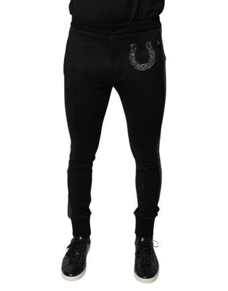 Dolce & Gabbana Black Horseshoe Embellished Wool Slim Fit Pants Dolce & Gabbana Black Horseshoe Embellished Wool Slim Fit Pants