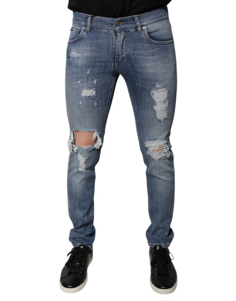 Blue Tattered Cotton Stretch Skinny Denim Jeans Blue Tattered Cotton Stretch Skinny Denim Jeans
