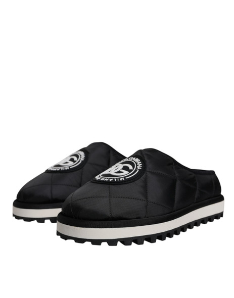 Black Nylon Quilted Logo Patch Sandals Slides Shoes Black Nylon Quilted Logo Patch Sandals Slides Shoes