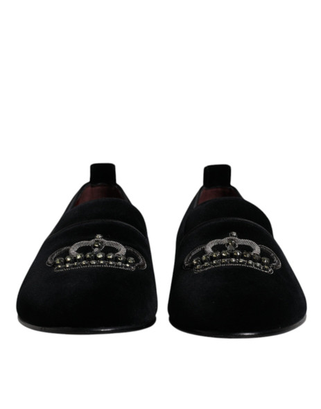 Dolce & Gabbana Black Velvet Crystal Crown Loafers Formal Dress Shoes Dolce & Gabbana Black Velvet Crystal Crown Loafers Formal Dress Shoes