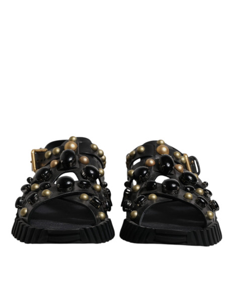Dolce & Gabbana Black Leather Studded Slides Sandals Shoes MV6803#2 Dolce & Gabbana Black Leather Studded Slides Sandals Shoes MV6803#2