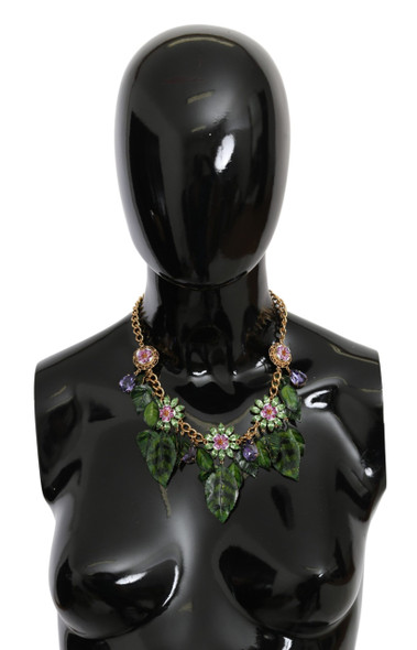 Green Leaves Gold Brass Crystal Flower Pendant Necklace Green Leaves Gold Brass Crystal Flower Pendant Necklace