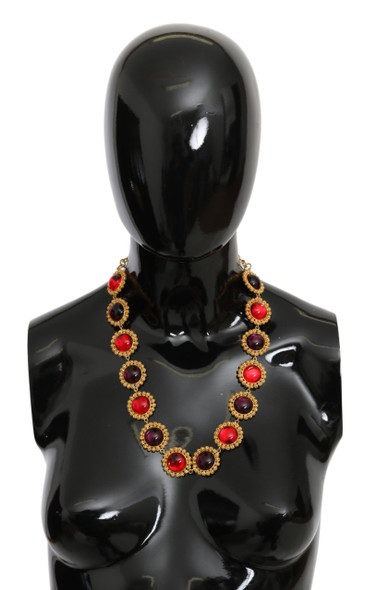 Red Purple Crystal Floral Chain Statement Gold Brass Necklace Red Purple Crystal Floral Chain Statement Gold Brass Necklace