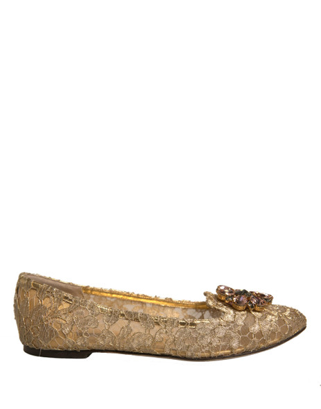 Dolce & Gabbana Gold Crystal Loafer Lace Ballet Flats Shoes Dolce & Gabbana Gold Crystal Loafer Lace Ballet Flats Shoes