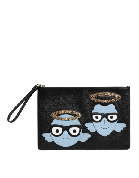 Black Leather #DGFAMILY Embellished Men Zip Pouch Bag Black Leather #DGFAMILY Embellished Men Zip Pouch Bag