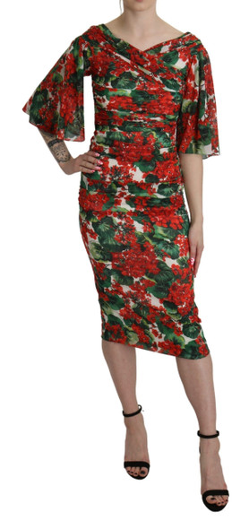Red Floral Sheath Midi Silk Stretch Dress Red Floral Sheath Midi Silk Stretch Dress