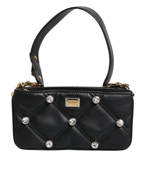 Black Leather Crystal Embellished Logo Shoulder Bag BAG4015 Black Leather Crystal Embellished Logo Shoulder Bag BAG4015