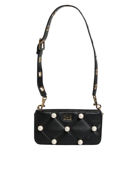 Black Leather Pearl Embellished Logo Shoulder Bag Black Leather Pearl Embellished Logo Shoulder Bag