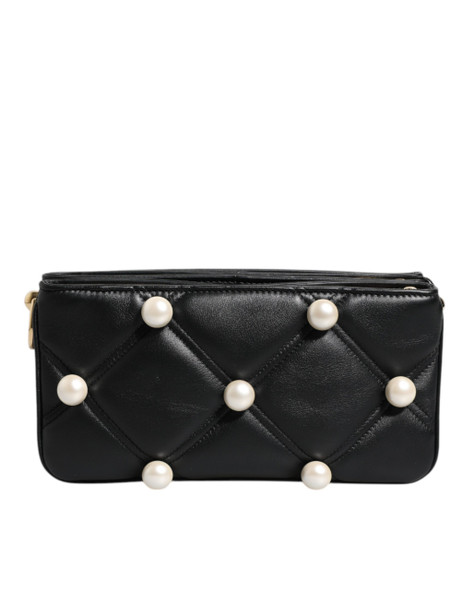 Black Leather Pearl Embellished Logo Shoulder Bag Black Leather Pearl Embellished Logo Shoulder Bag