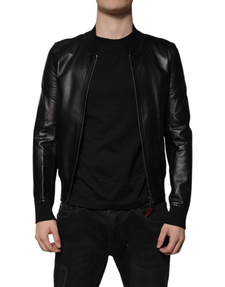 Black Lambskin Full Zip Biker Blouson Jacket Black Lambskin Full Zip Biker Blouson Jacket