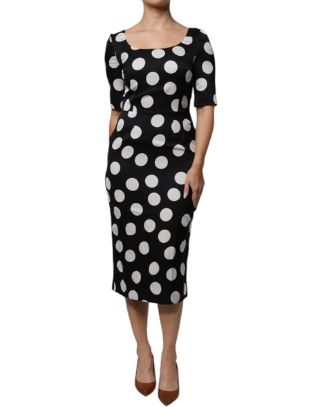 Dolce & Gabbana Black White Silk Polka Dots Sheath Midi Dress Dolce & Gabbana Black White Silk Polka Dots Sheath Midi Dress
