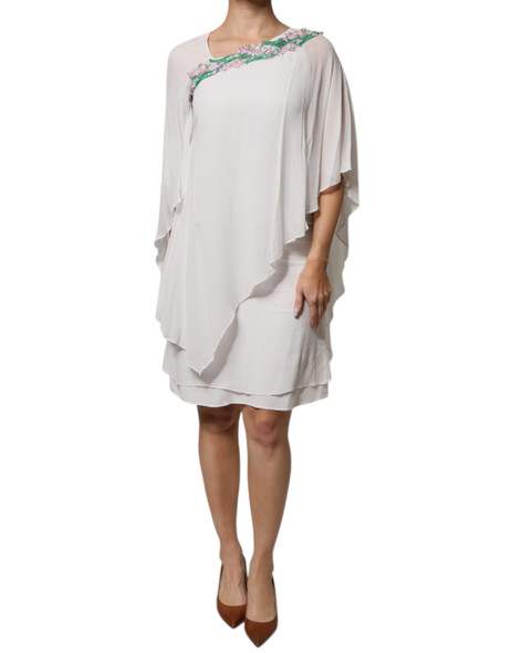 White Floral Embroidery Viscose Chiffon Shift Dress White Floral Embroidery Viscose Chiffon Shift Dress