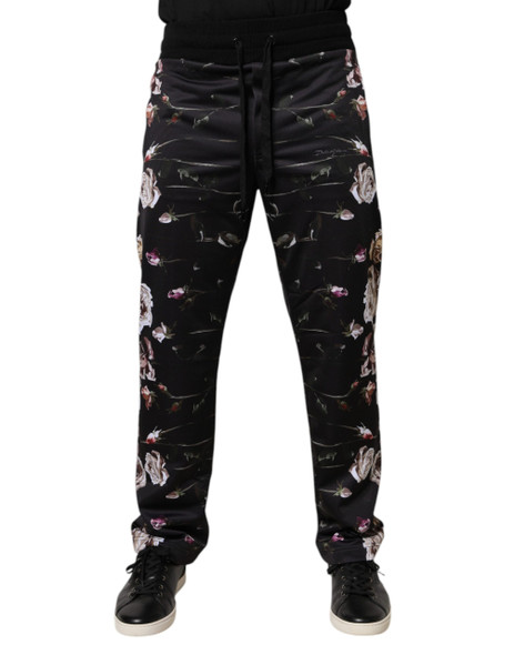 Black Floral Polyester Jogger Pants Black Floral Polyester Jogger Pants