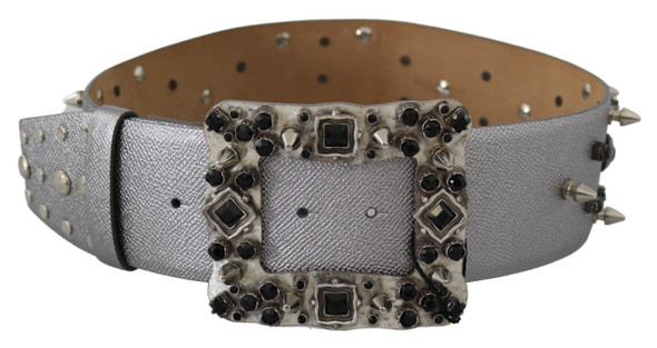 Dolce & Gabbana Silver Leather Crystal Stud Logo Buckle Belt Dolce & Gabbana Silver Leather Crystal Stud Logo Buckle Belt