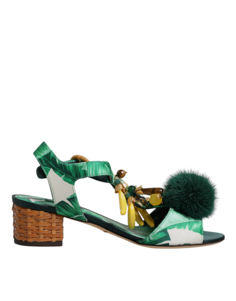 Green Crystal Fur Embellished Sandals Shoes Green Crystal Fur Embellished Sandals Shoes