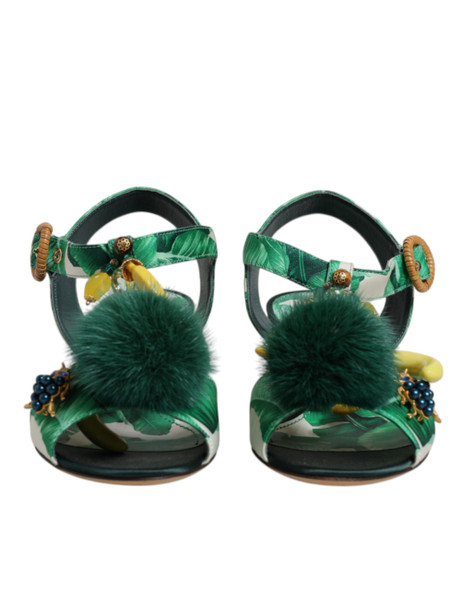 Green Crystal Fur Embellished Sandals Shoes Green Crystal Fur Embellished Sandals Shoes